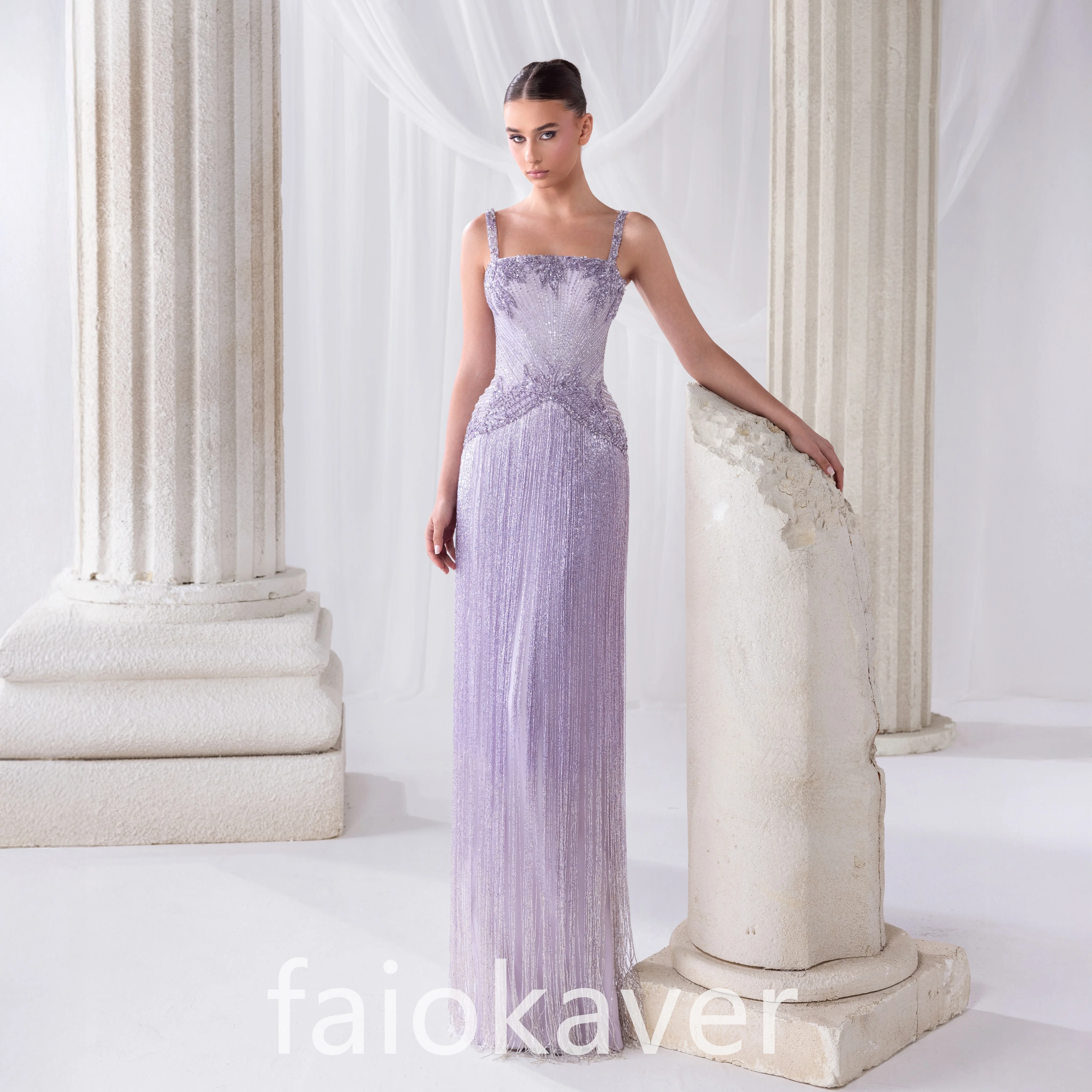 Lavender Straight Women Prom Dresses Stunning Beads Lace Sleeveless Evening Gowns Long Tassels Customized Special Occasion Gowns - view 4