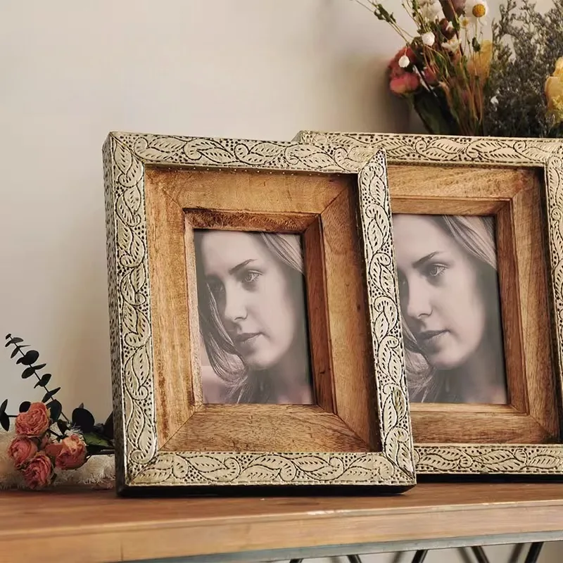 

Винтажная фоторамка ручной работы из железа и массива дерева, ретро-рамка для дисплея, деревенский домашний декор, фоторамка для гостиной, кабинета, подарки