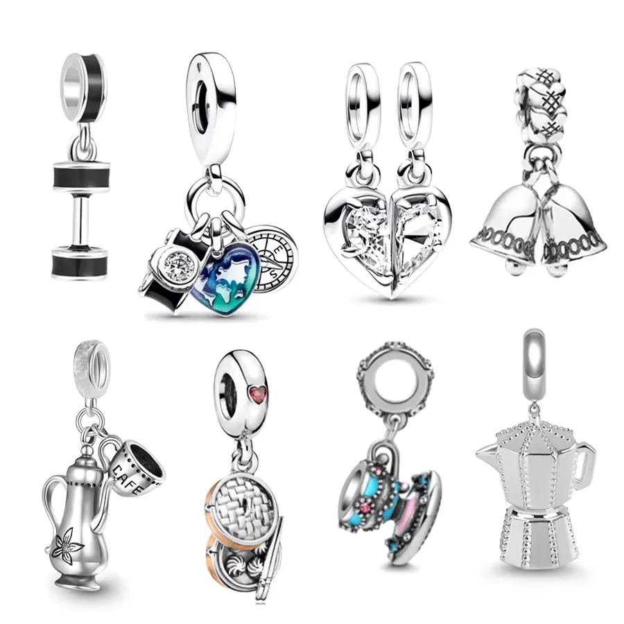 Fine Coffee Pot Camera, Heart & Compass Triple Dangle Charm Beads Fit Original 925 Sterling Silver Bracelet Jewelry Gift