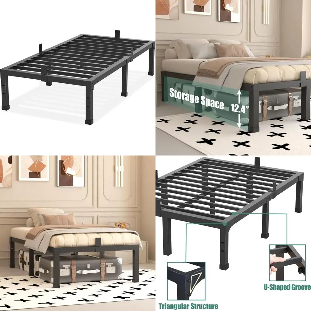 Cadres de lit double, plate-forme métallique robuste de 14 pouces de haut de 3500 lb, base de matelas avec support à lattes en acier/sans sommier
