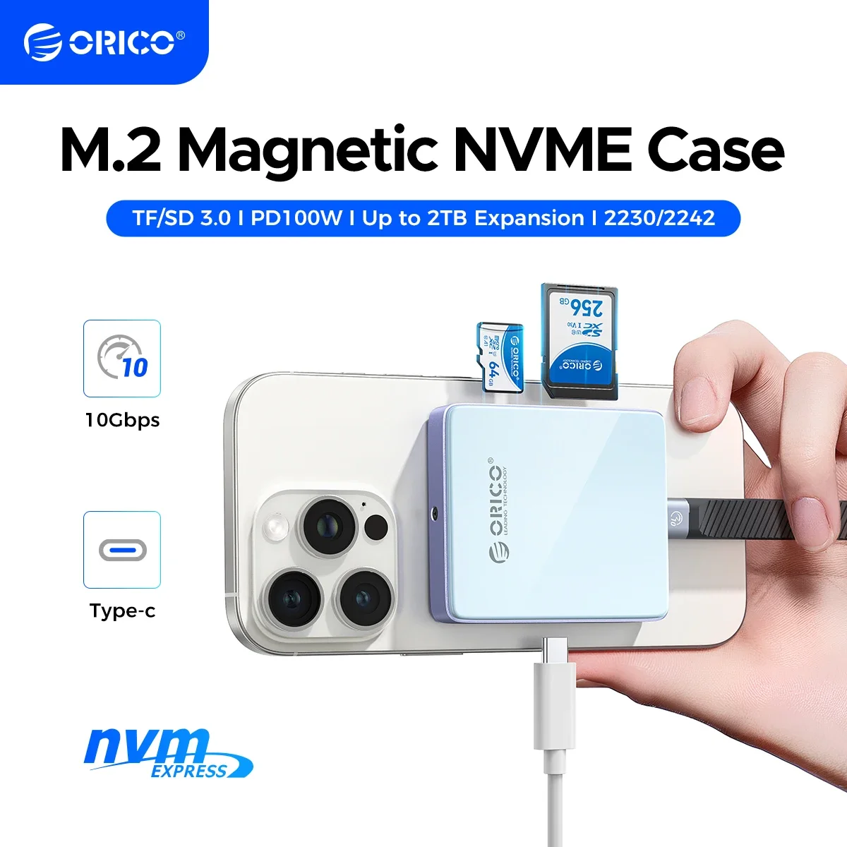 

ORICO Magnetic M.2 2230/2242 NVMe SSD Enclosure for iPhone 4K ProRes Recording ith SD/TF 3.0 Card Reader PD100W Charging Port