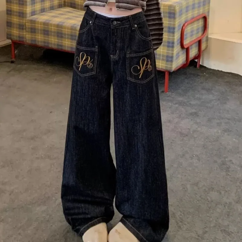 Plus Size Y2K American Vintage Trendy Brand Low-Rise Loose Women’s Embroidered Curved-Leg Jeans Japanese Harajuku Casual Pants