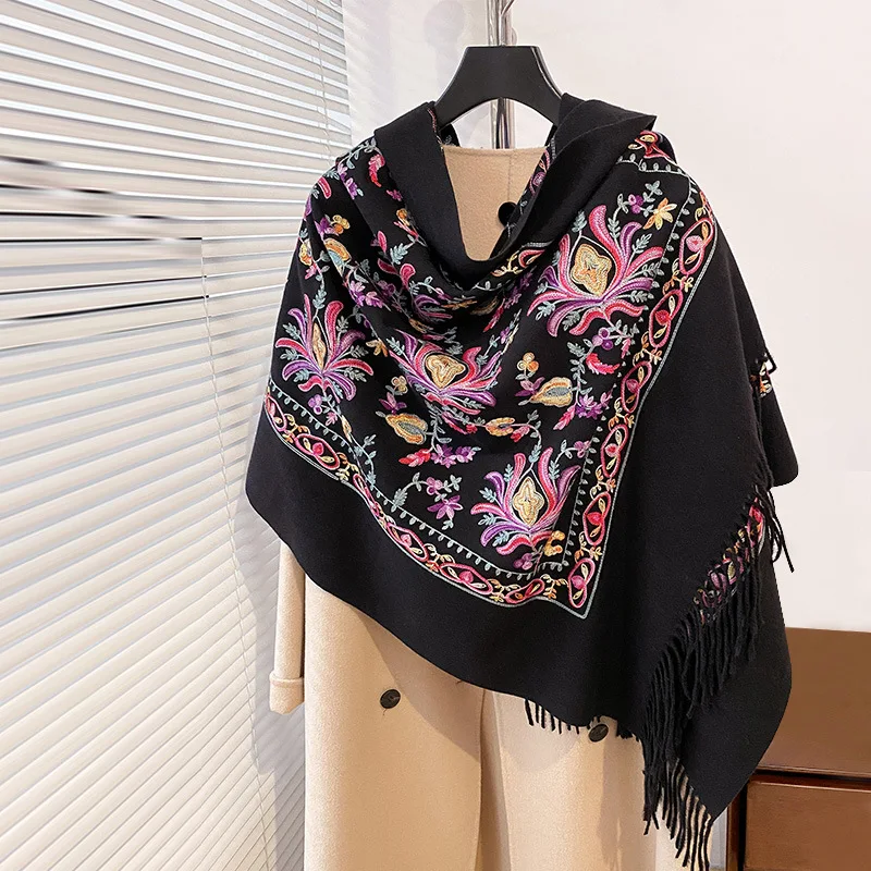 

Embossed Cashmere Winter Scarf for Women Plain Warm Chunky Shawl Elegant Lady Poncho Pashmina Hijab Bufanda Boho Cape for Winter