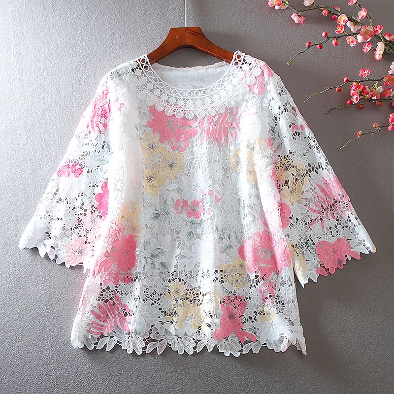 Summer Sweet Lace Shirt Hollow-out Elegant Loose Casual Socialite Sense of Design Shirt Women's Top Pullover Blusas Femme 2024