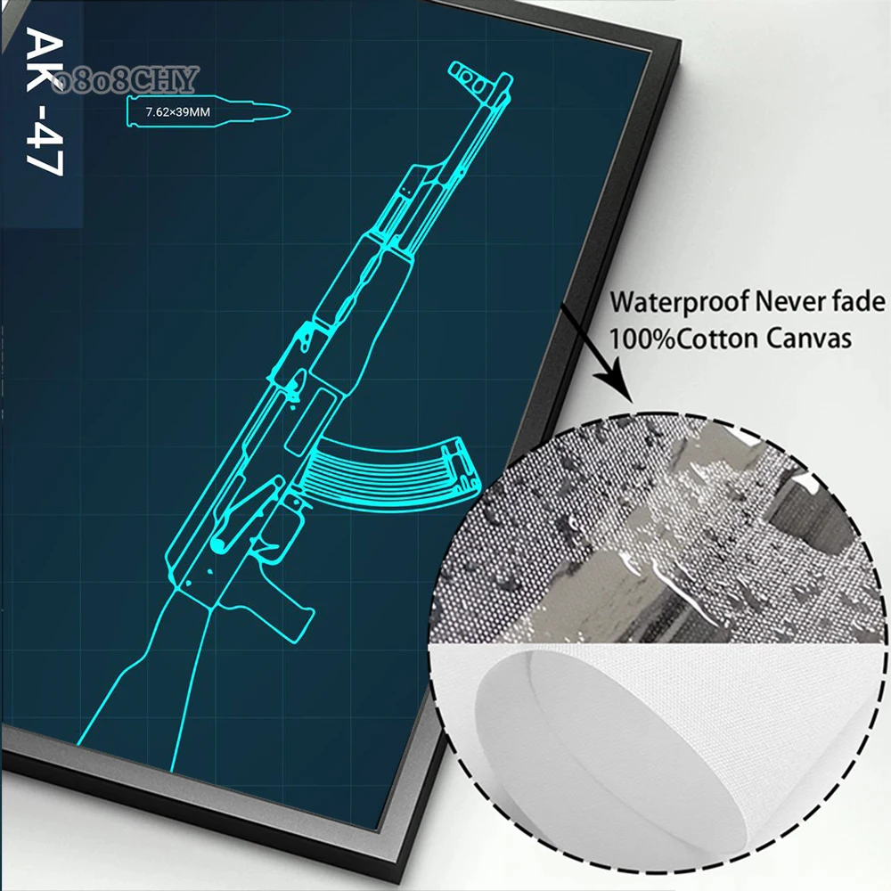 Abstract Gun Blueprint Wall Art Pictures AK47 Gun Blueprint Posters Canvas Print Painting for Modern Home Living Room Decor Gift