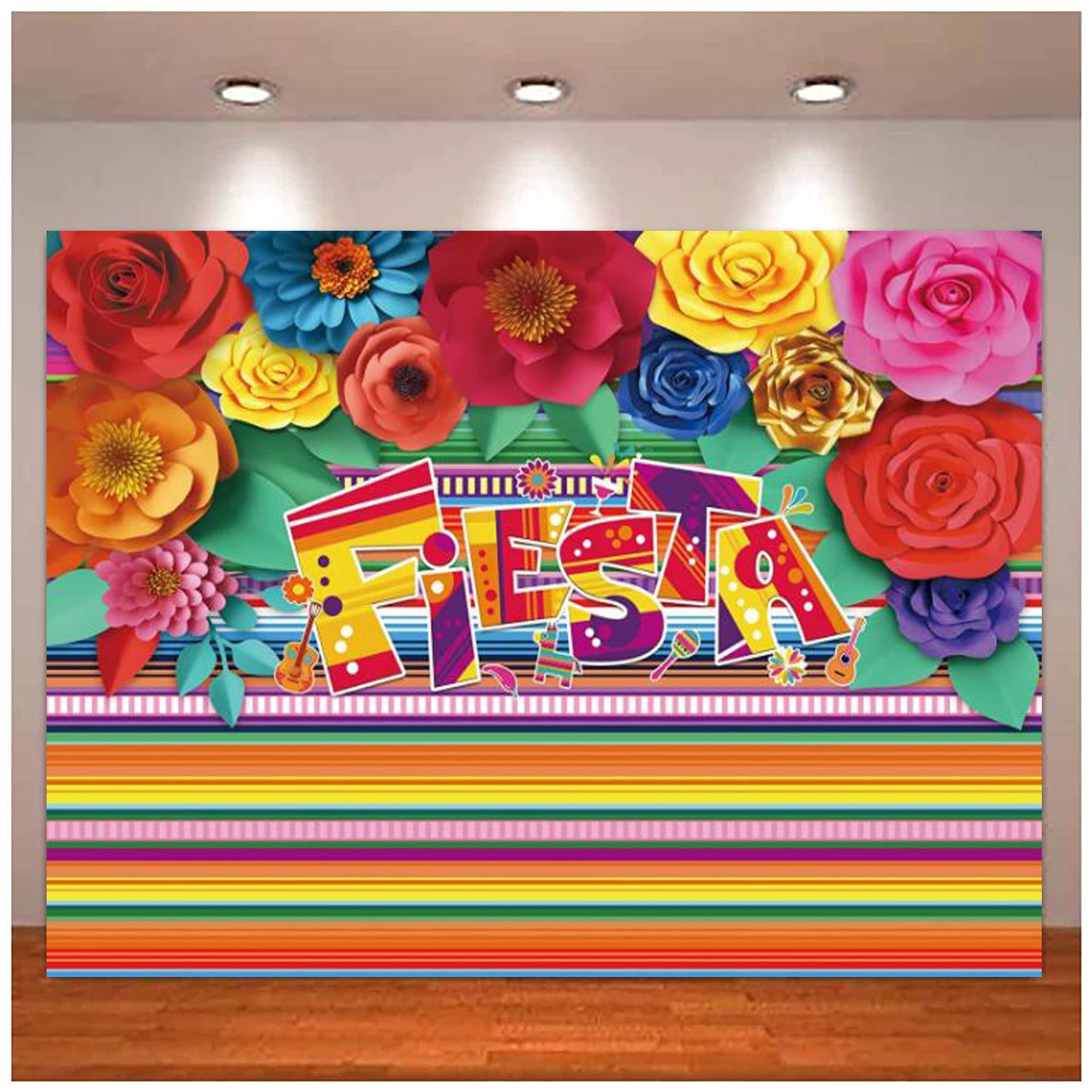 Fiesta Theme Photography Backdrop Cinco De Mayo Party Decor Striped Paper Flowers Background Mexicana Birthday Party Supplies