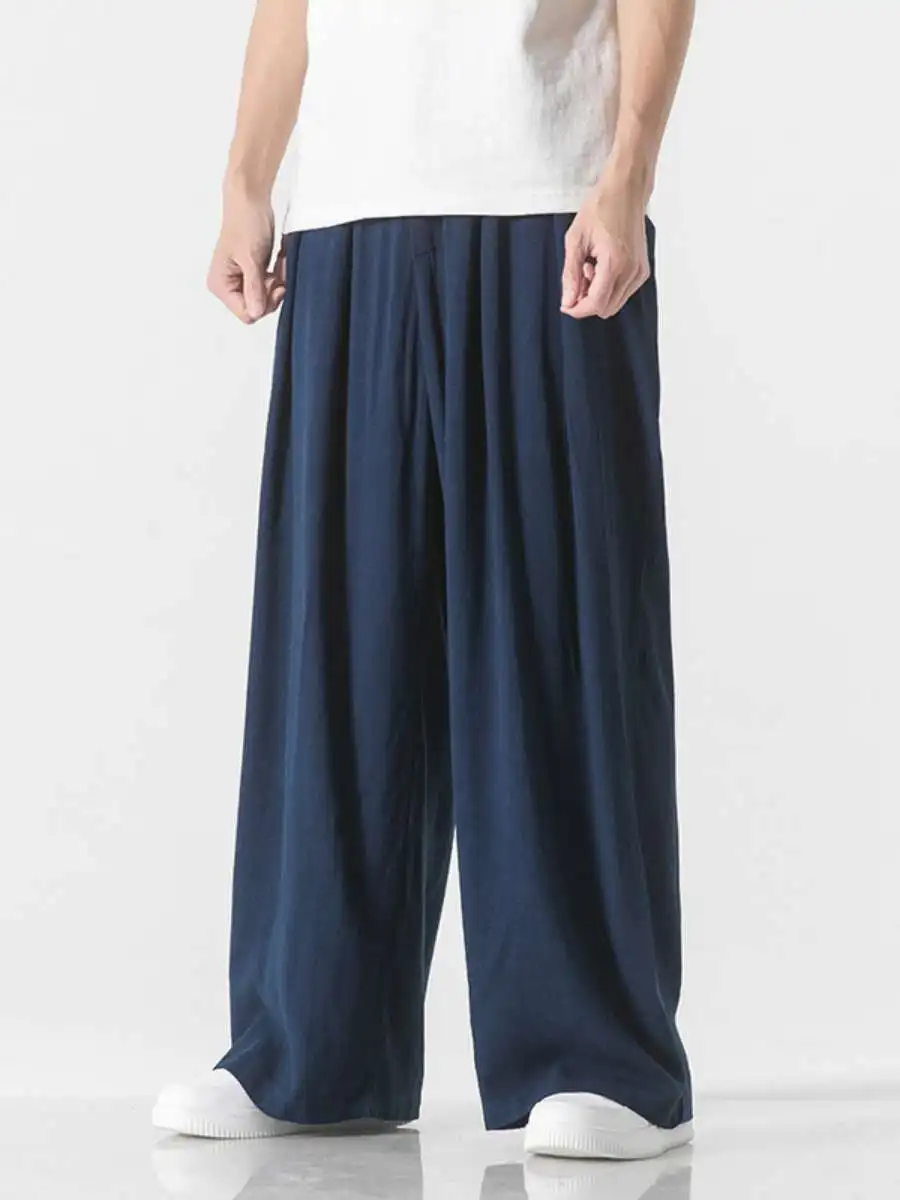 Summer Men's Casual Pants Loose Straight Leg Cotton Linen Dance Style Thin Harem Trousers Trendy Loose Fit Long Trousers