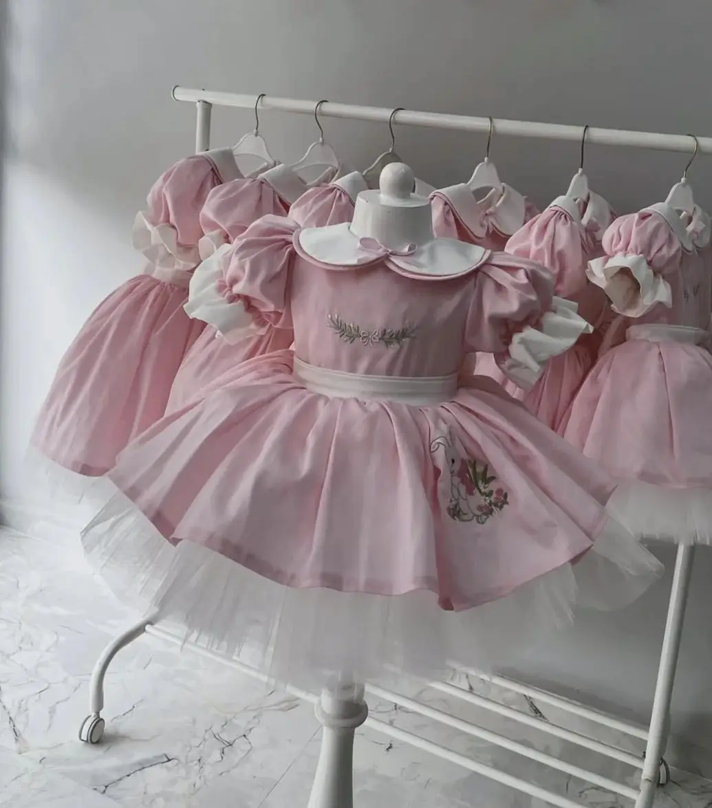 0-12Y Baby Girl Summer Rabbit Flower Embroidery Pink Dress for Birthday Photography Holiday Eid Casual  B52