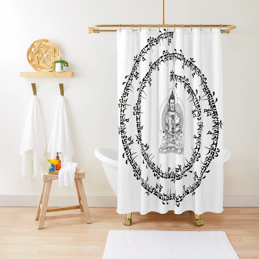 

Mantra of Amitayus in Spiral - U-Chen Shower Curtain Bathroom Accessory Elegant Bathroom Cover Curtain