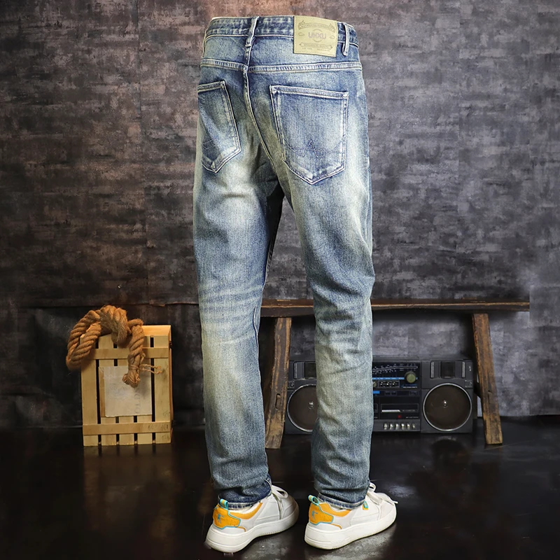 

Newly Designer Fashion Men Jeans High Quality Retro Washed Blue Stretch Skinny Fit Ripped Jeans Men Vintage Trousers Denim Pants