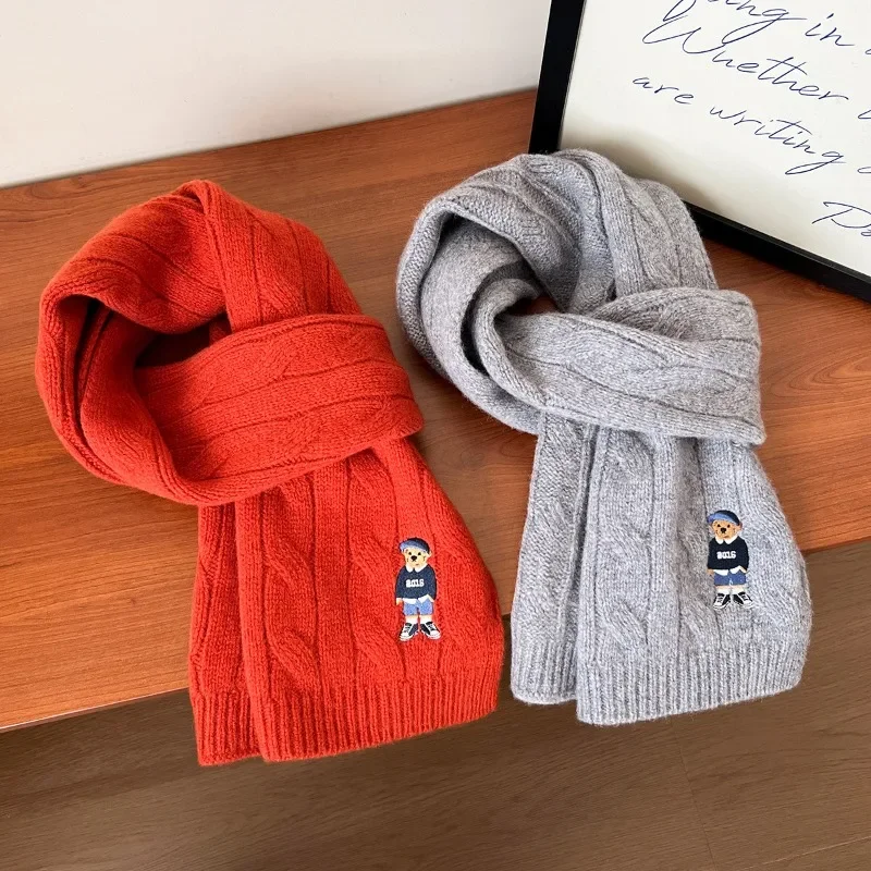 New 100% Australian Wool Scarf Twisted Cable Knit British Vintage Embroidered Knitted Bear Scarf Thickened for Warmth