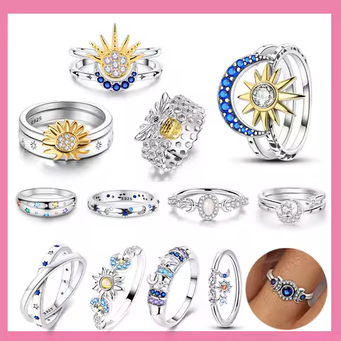 925 Sterling Silver Original Beautiful Stars and Moon Shining Sun Geometry Infinite Combination Ring Boutique Matching Gifts