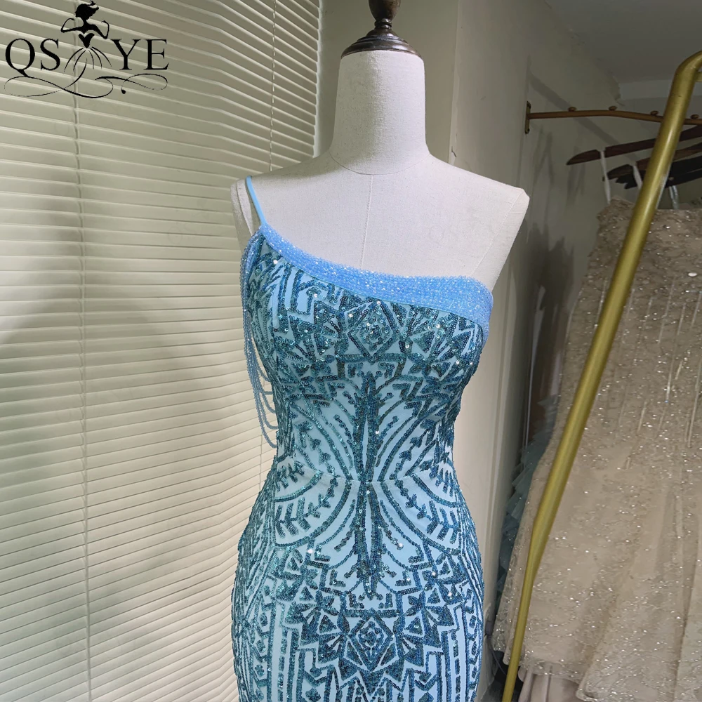 One Strap Light Blue Prom Dress Mermaid Crystal Beaded Strings Pattern Sequin Lace Evening Dress Tulle Bottom Party Gown 2024