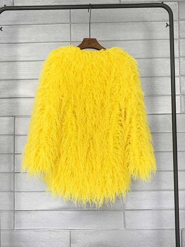 Mongolia Sheep Fur Women Medium Long Coat Jacket Colorful Warm Faux Fur Plush Coats Female Jacket Autumn Winter Furry Outerwear