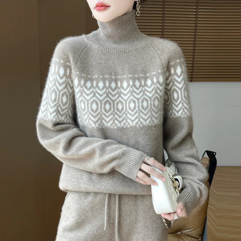New Women's Sweater Autumn/Winter 100% Merino Wool Sweater Casual Loose High Collar Pullover Fashion Korean Jacquard Women's Top