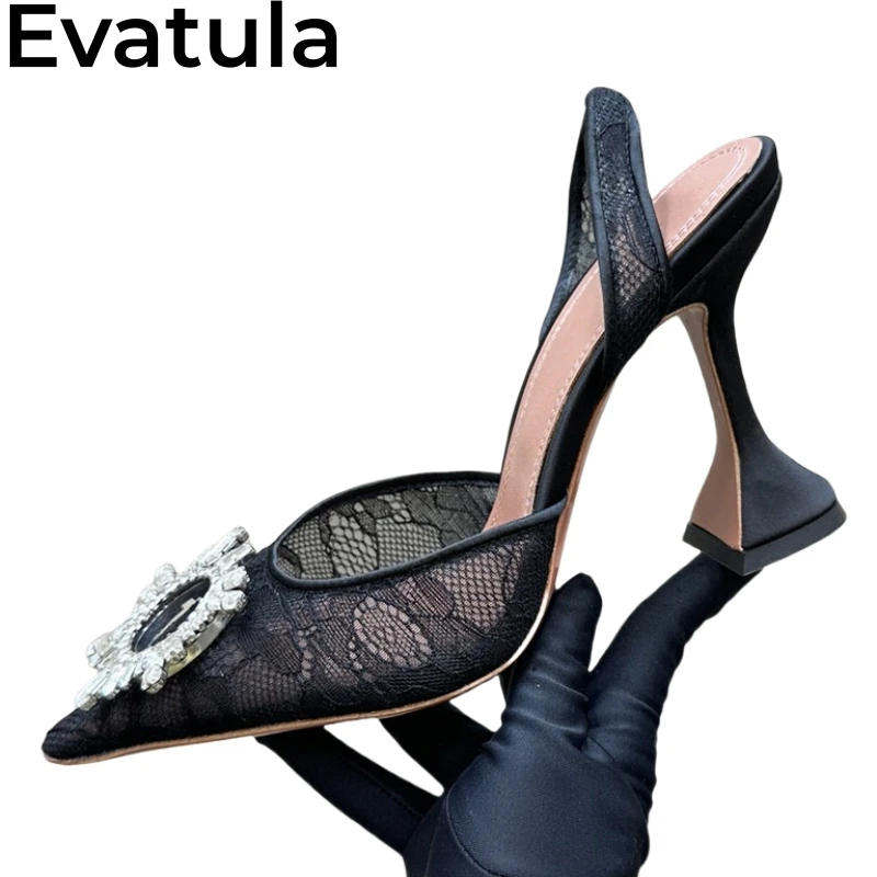 2025 Summer Black Lace Goblet High Heel Sandals Women Pointed Toe Crystal Buckle Slingbacks Pumps Sexy Party Wedding Shoes Femme