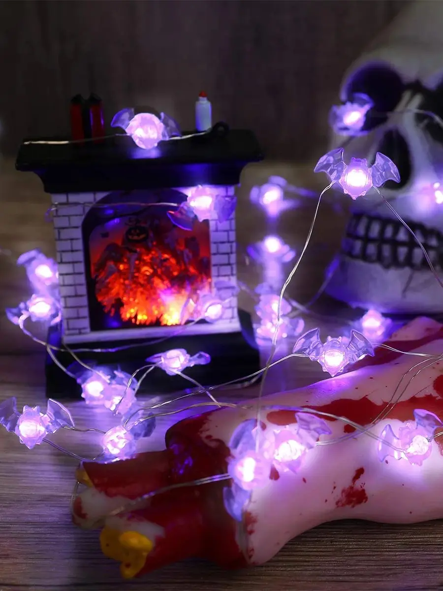 1pc 20/30 LED Halloween chauve-souris fil de cuivre chaîne lumière alimenté par batterie violet chauve-souris fée lampe pour la maison chambre Festival fête décor