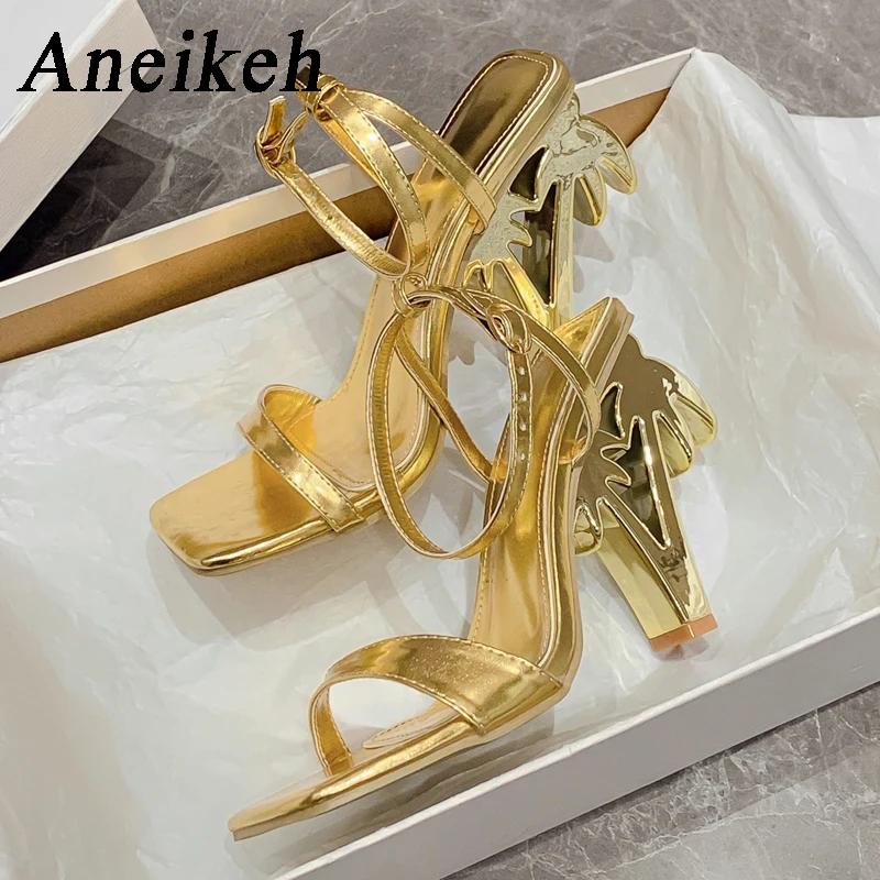 Aneikeh Sexy Green Ankle Strap Sandals Women Summer Square Toe Strange Fretwork Heels Ladies Party Dress Shoe Sandalias Mujer