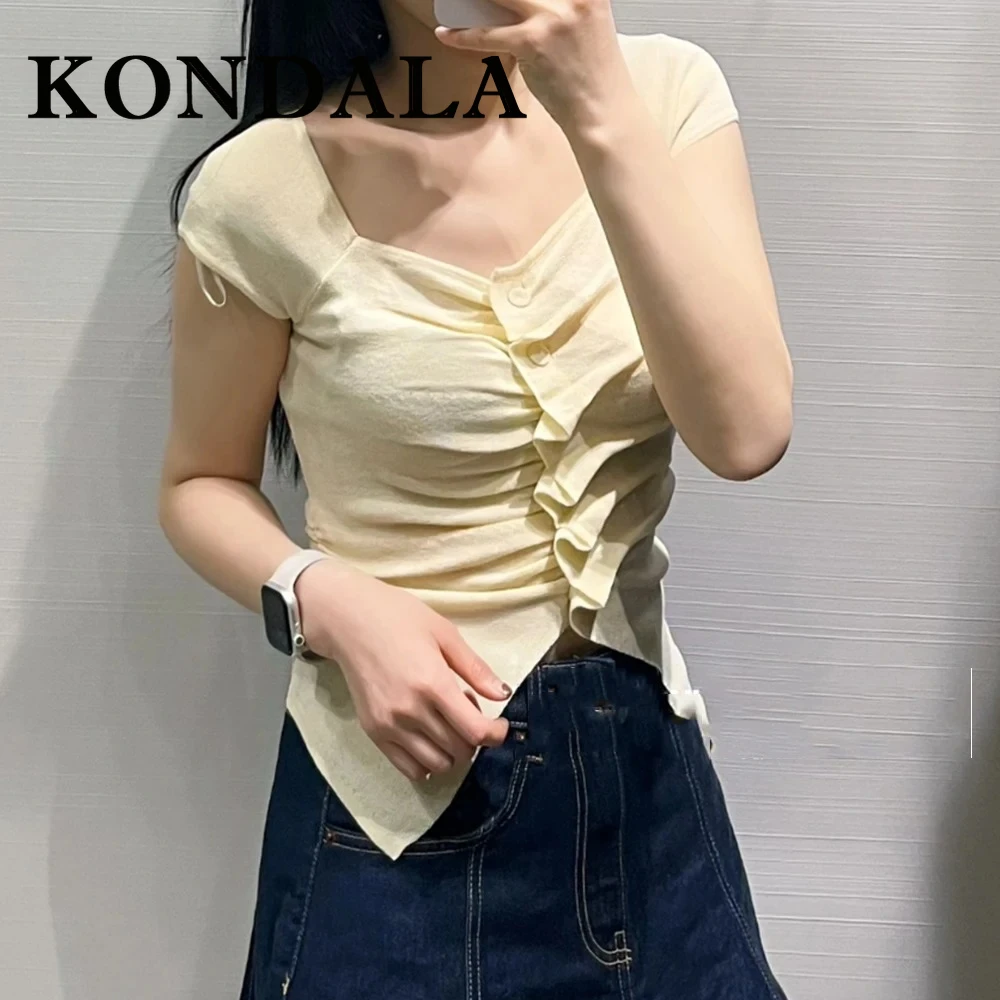 KONDALA Chic Sexy Summer Yellow Knit Woman Sweaters Fashion 2025 Vintage Slim Sheath Mujer Top V-Neck Elegant Pleated T-shirts