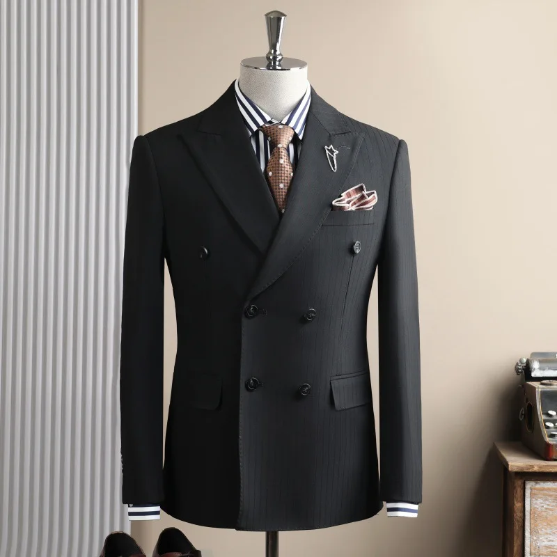 

KIDWHXR мужской костюм пальто новый британский стиль полосатый отложной воротник мужская верхняя одежда двубортный тонкий мужской пиджак с длинными рукавами