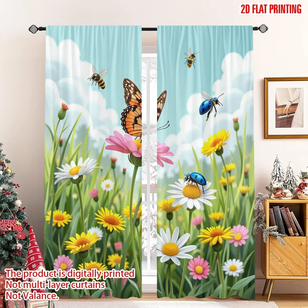 2pcs 2D flat printing Drapes Summer Meadow Insects Butterfly Beetle Digital Printed Polyester Drapes Holiday Decorations Perfect