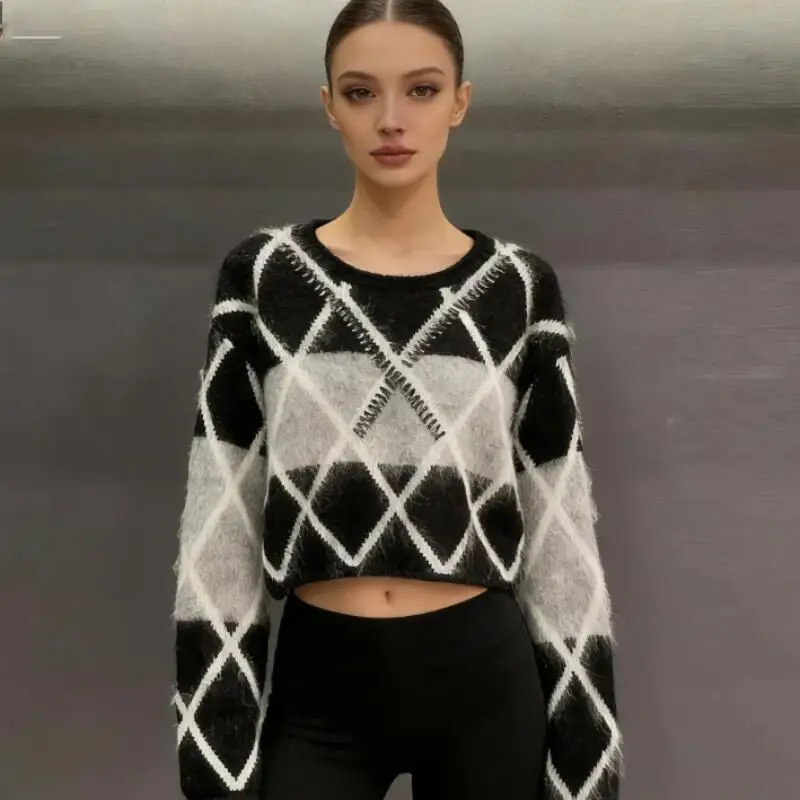 

2026 Women's Sweater New Knitwear Woman Clothes Tops Fashion Y2K Kawaii Warm Tops Argyle Pattern Loose Long Sleeve Casual Daily