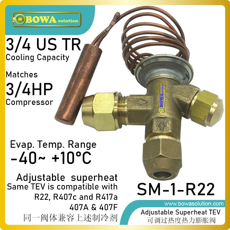 3/4TR R22/R407c TEV matches 0.75HP refrigeration compressor and regulates the injection of refrigerant liquid into evaporators