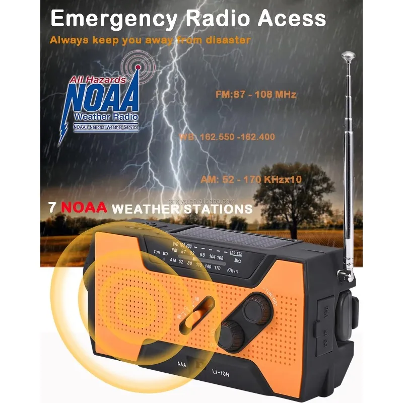 Emergency solar hand-cranked portable weather radio kit with flashlight for disaster survival camping tools