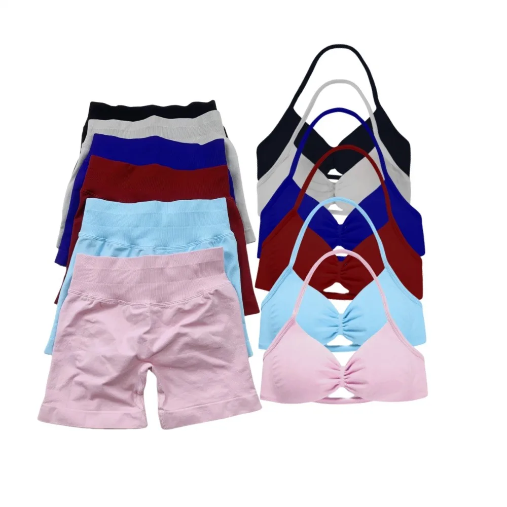 

Женский комплект для йоги, комплект из 2 предметов, бюстгальтер и шорты на бретелях, шорты с ремешками, бюстгальтер для тренажерного зала, пилатеса, велоспорта, фитнеса, тренировок, бесшовный комплект для спортзала