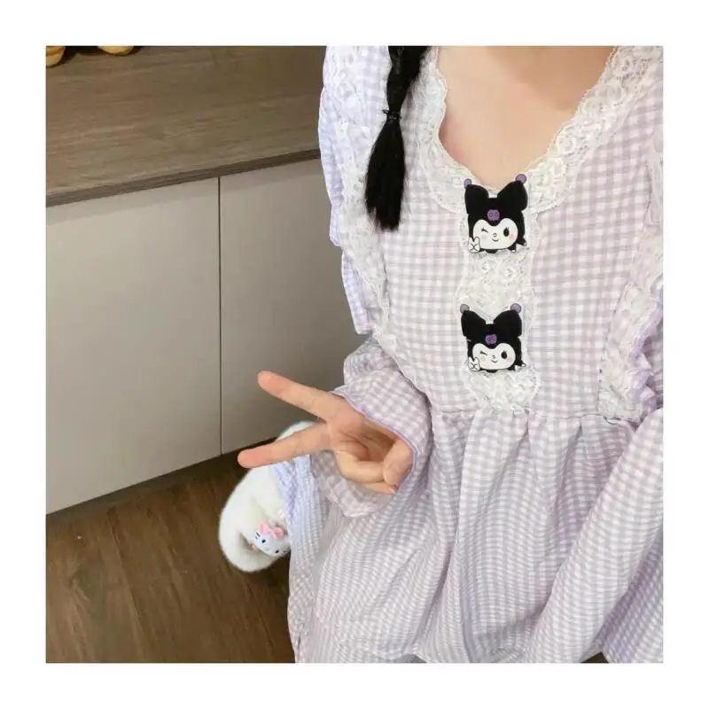 

Sanrio Kuromi Women's Pajamas Set Plaid Lace Sweet Cute Teen Girls Casual Long Sleeve Cotton Spring Autumn Homewear Loungewear