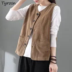 Corduroy Vests Women Retro Solid O-neck Waistcoats Elegant All-match Single Breasted Sleeveless Coats Lady New Arrival Popular