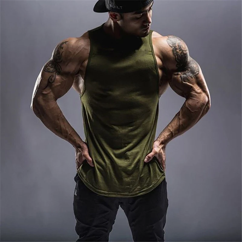 European And American Men's ​Sleeveless GYM Fitness Tank Tops Comfortable Cotton Spliced Vest Curved Hem Running Sports