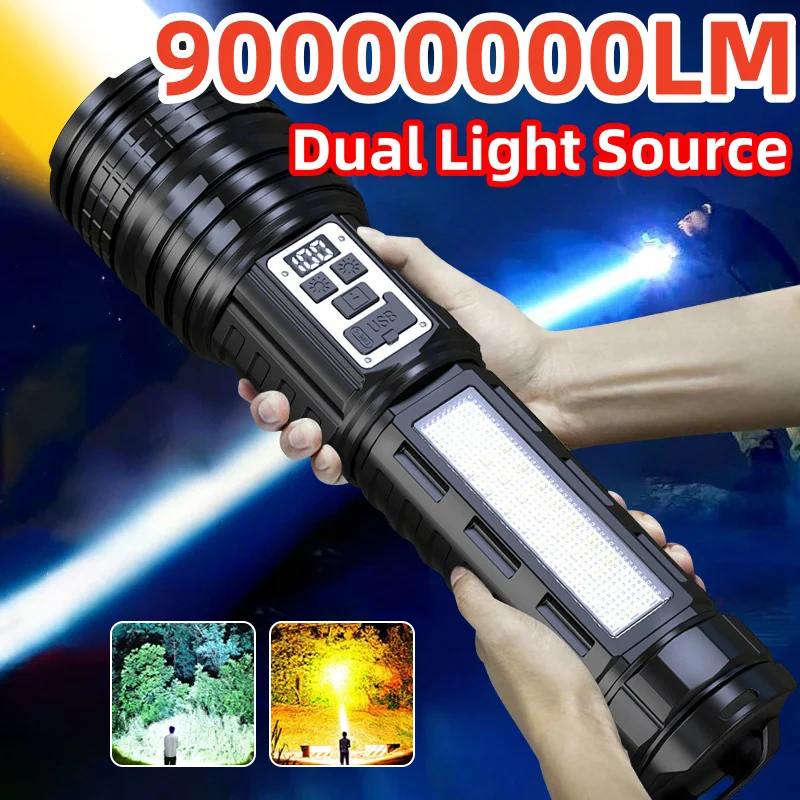 

90000000LM Ultra-High Power Flashlight Power Display Lamp Waterproof Dual Light Source Tactical Torch Outdoor Camping Lantern