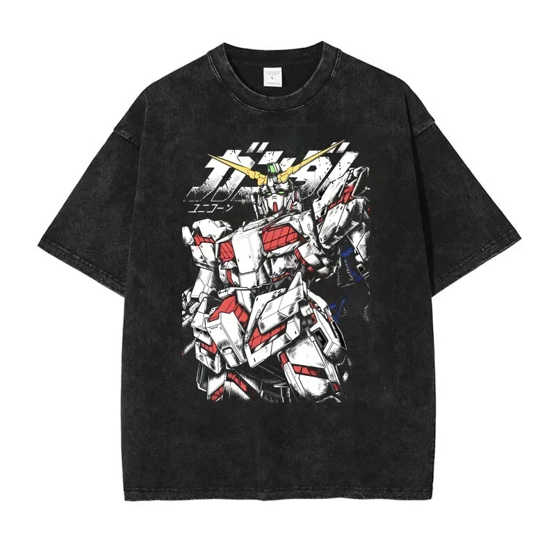2026 Summer Anime Gundam Unicorn Oversized T-shirt, RX-0 Unicorn Print with Kanji Casual Streetwear Washed Tee For Men Women