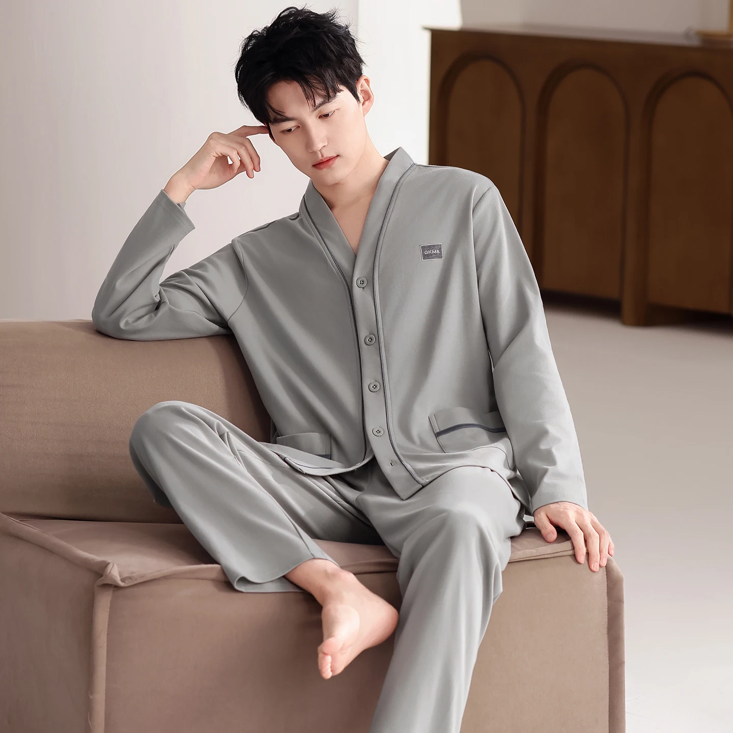 Men Full Pure Cotton Pajamas Set V-Neck Male Long-sleeved Autumn Winter Pyjama Loose Men Home Set Solid Sleepwear Tops+Pants 2PC