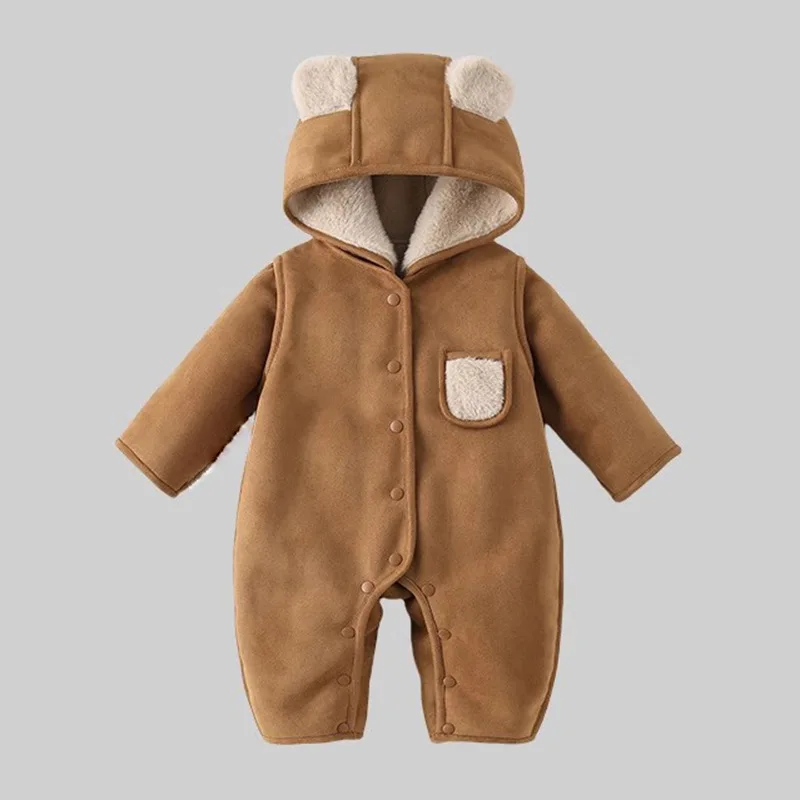 Korean Baby Winter Romper Vintage Thick Sherpa-Lined Hooded Jumpsuit Boys Girls Warm Infant Crawling Suit