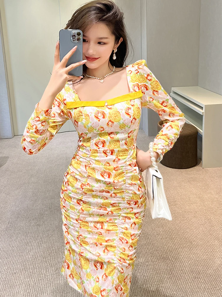 Sweet Gentle Elegant Midi Dresses for Women 2023 Yellow Rose Print Satin Dress Bubble Sleeve Folds Robe Party Vacation Vestido