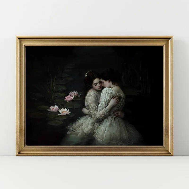 لوحة قماشية فيكتورية قوطية ، قبلة صديقات ، ملصق أكاديمي مظلم ، لوتس بحيرة ، فن جداري ، ديكور منزلي ، طباعة