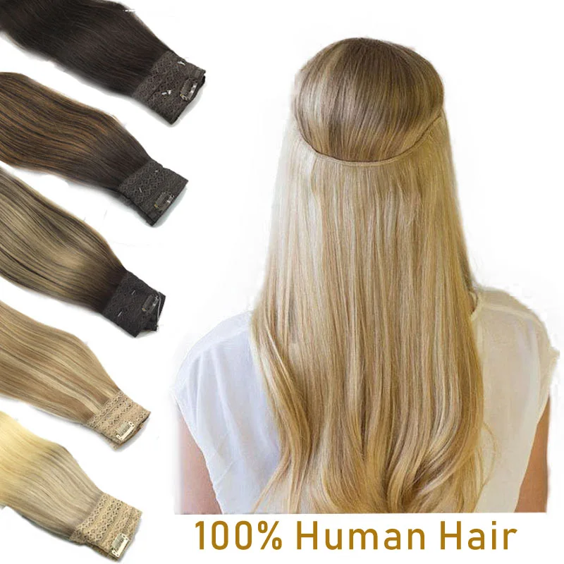 Fil dans les Extensions de cheveux cheveux humains ligne de poisson droite Extensions de cheveux de Fusion naturelle avec Clips Extensions de cheveux de trame pour les femmes