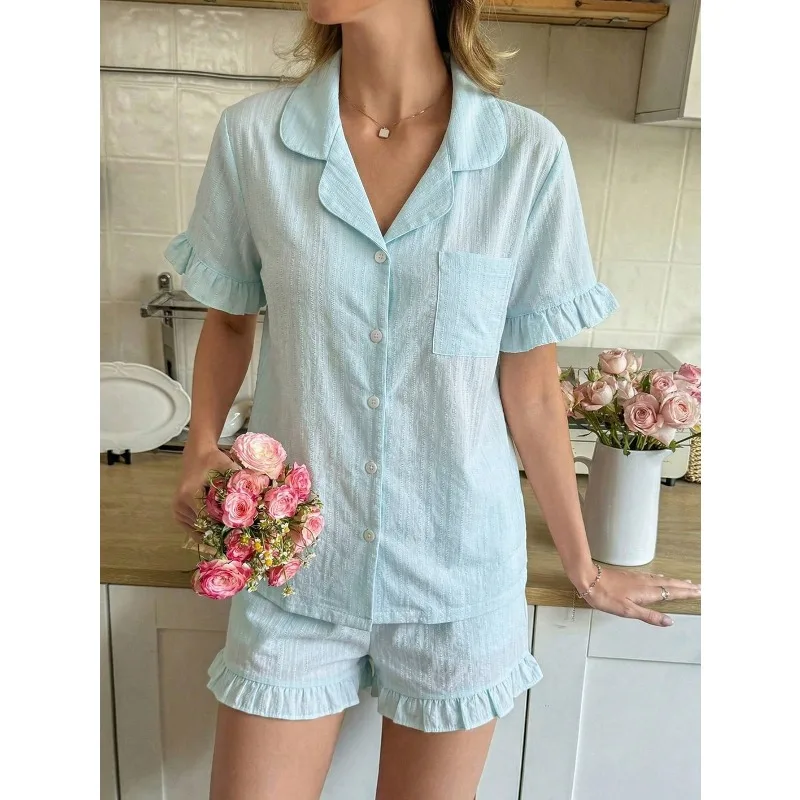 Wave Striped Ruffle Sleeve Casual Short Sleeve & Shorts Pajama Set