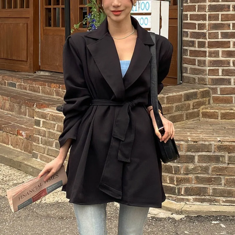 

Faionable Chic Women's Suit Jaet Loose Waist Cinched Commute Sle Long Sve Mid-Length Coat Ele Ladylike Trendy