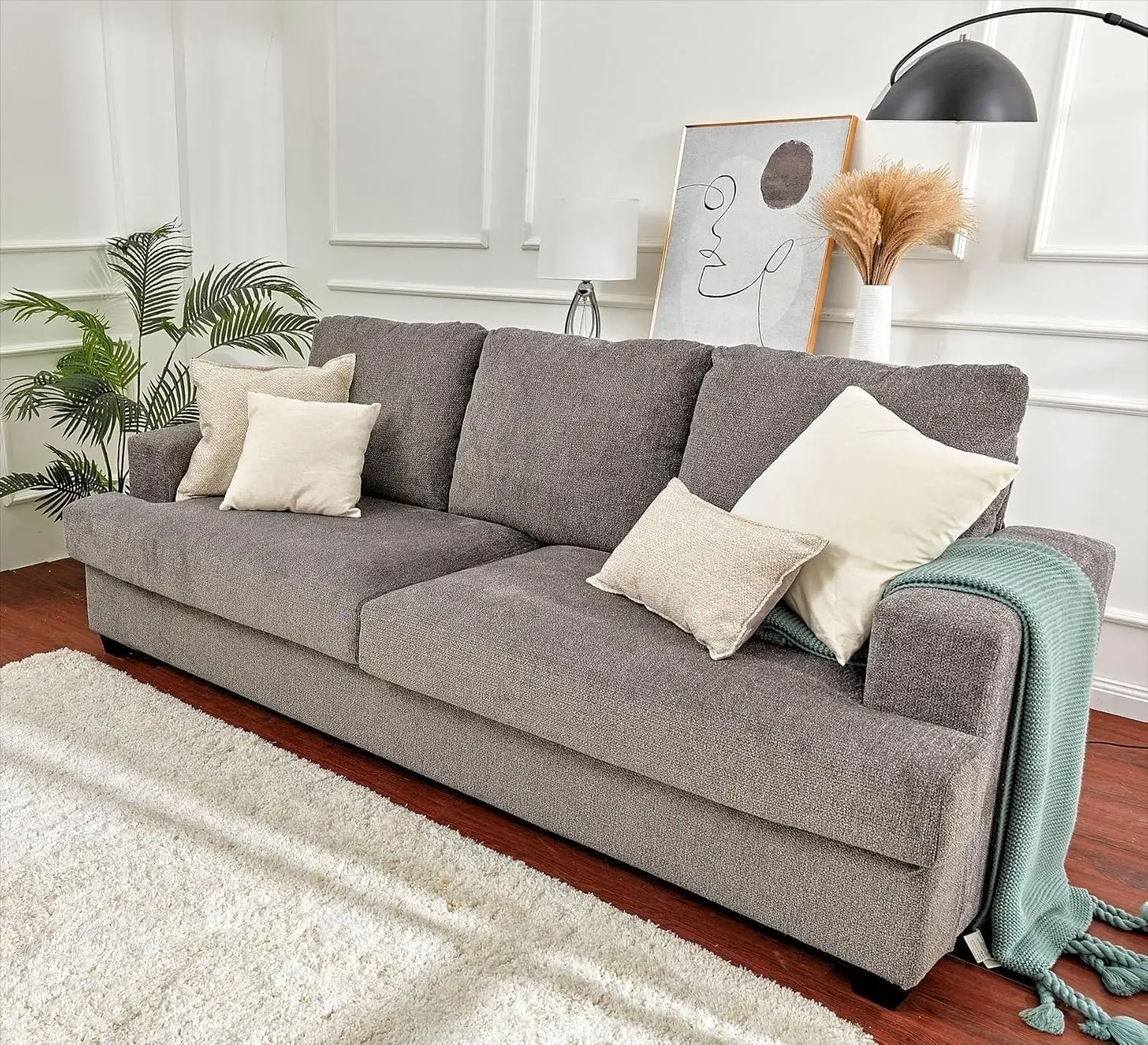 Sofa, Deep Seat Sofa Cushion-Contemporary Chenille Sofa Couch, 3 Seater Sofa for Living Room-Oversized Sofa, Grey