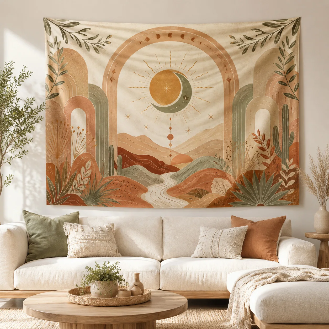 Neutral Boho Sun Moon Mountain Wall Tapestry Earth Tone Cactus Landscape Wall Art Aesthetic Bedroom