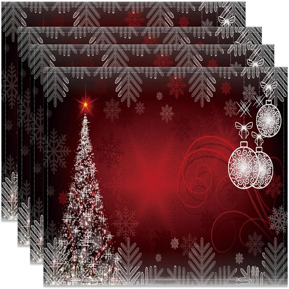 Рождественские салфетки из 4 предметов: праздничный красный дизайн с елкой и украшениями - добавьте праздничное очарование к вашему столу! Новогоднее украшение