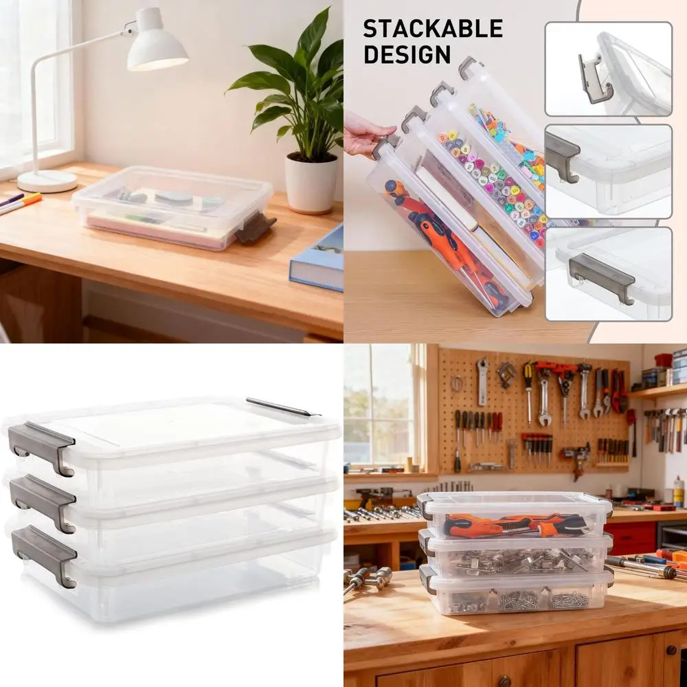 

Stackable Clear Plastic Storage Boxes with Latching Lids for A4 Paper, Photos, Documents, and Scrapbooking Organization