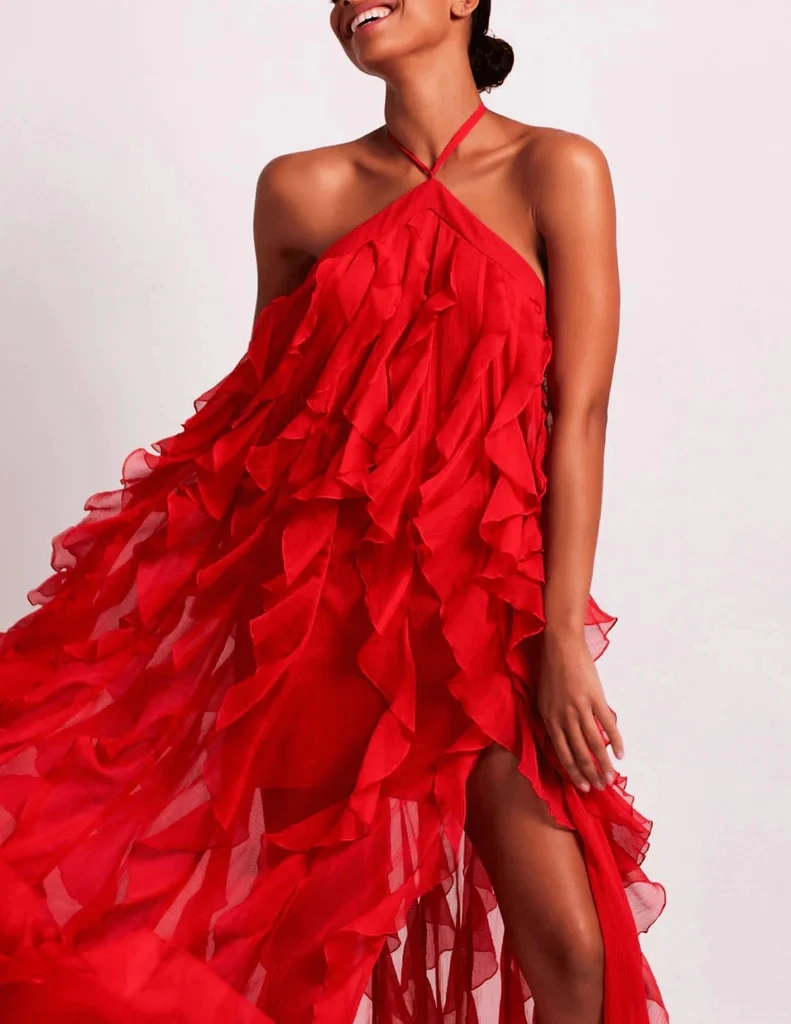 2024 Spring Halter Ruffles Chiffon Prom Dresses Sexy Slit Backless Celebrity Dress Pageant Event Gala Gown Custom Red Maxi Dress