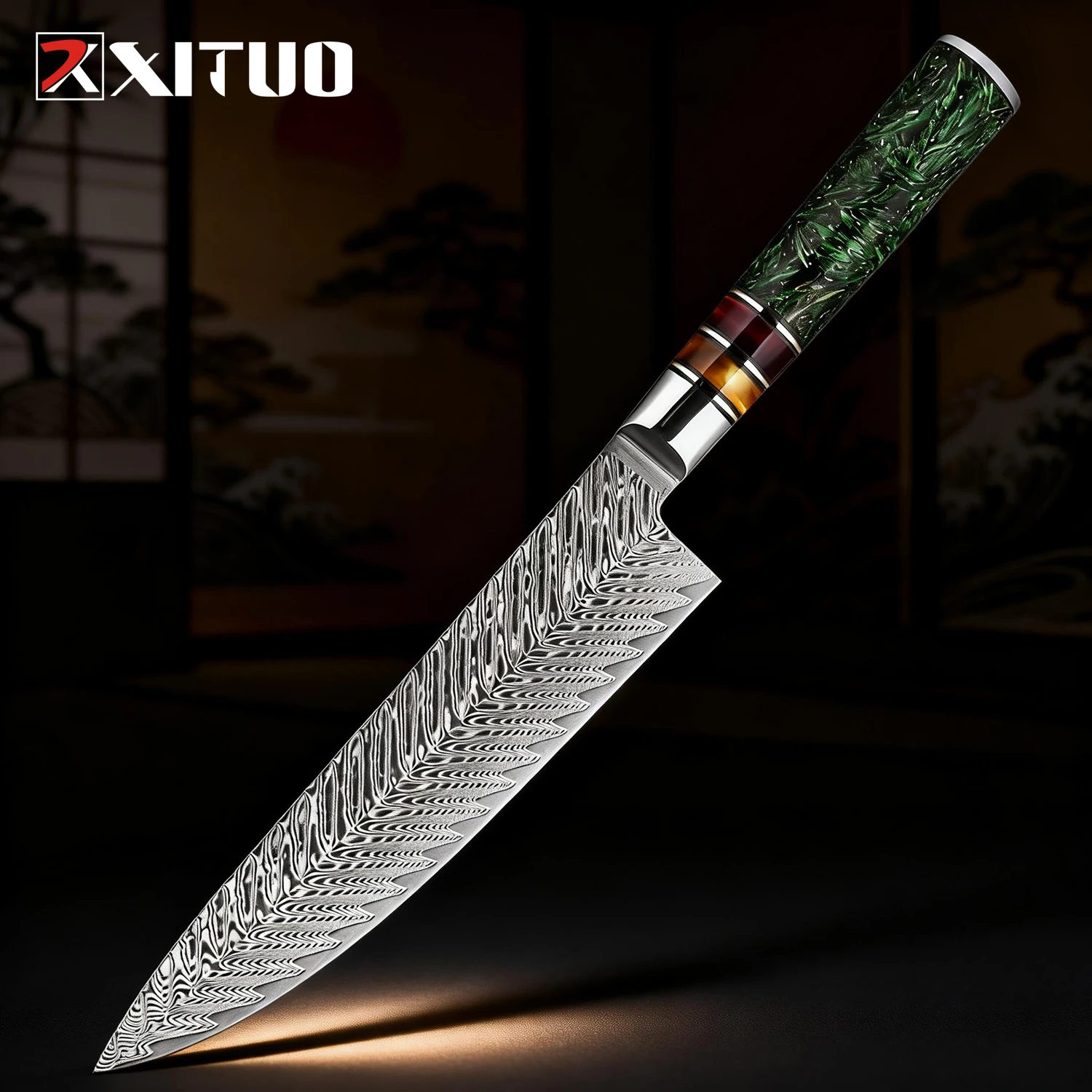 

Профессиональный поварской нож XITUO 8 дюймов - острый кухонный нож с клинком из дамасской стали, нож гюто с эргономичной ручкой из рисовой шелухи и смолы.