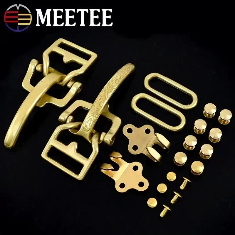 1Set=4Pcs Solid Brass Cavalry Belt Buckle for Men 38mm Band Rivet Screws Waistband Hook Clasp Leather Buckles Head Accessories