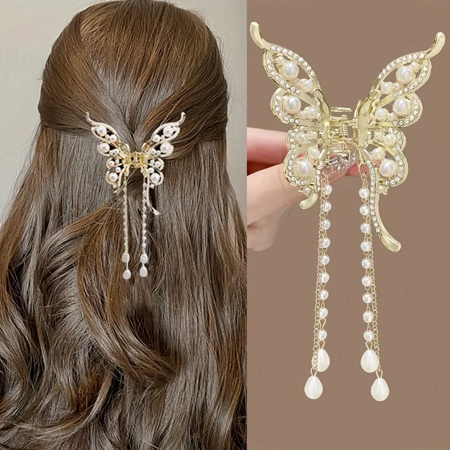 Vintage Butterfly Hair Clip with Faux Pearl Rhinestones and Tassel for Women, Perfect Valentine\'s Day Gift