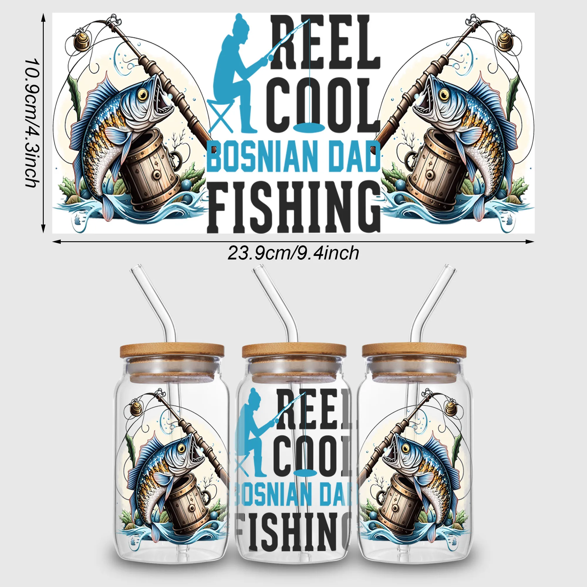 5 Sheets Fishing Dad UV DTF Cup Stickers, Sport DTF Transfer Stickers for Glass, Waterproof Friction Transfers, for 16 oz Glass,